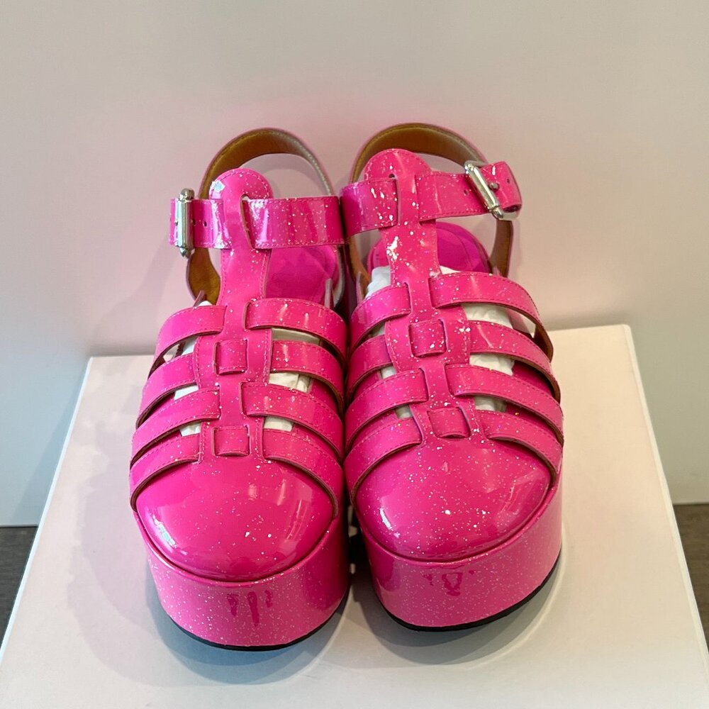LOEWE Fisherman neon pink glitter platform wedge sandals